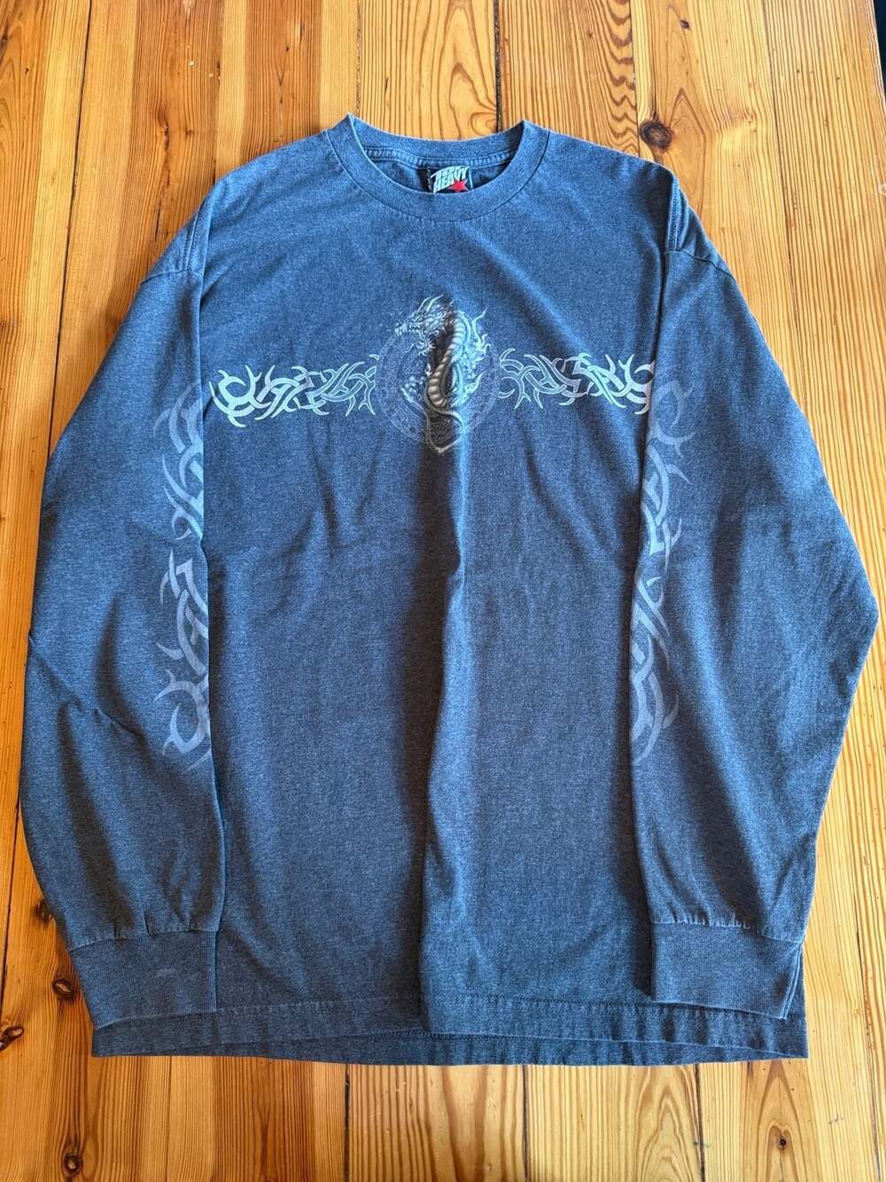Top Heavy Dragon Long Sleeve T-Shirt Size XL Vintage Graphic Tribal Grey